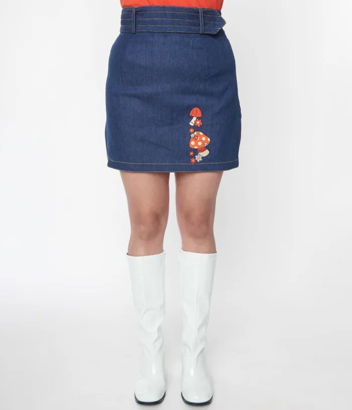 Smak Parlour Mushroom Embroidered Denim Belted Mini Skirt ClothingPlus Unique Vintage Skirts