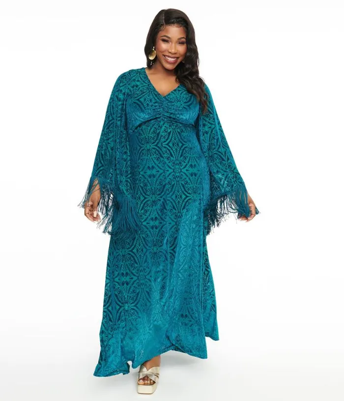 Smak Parlour Plus Size 1970s Teal Floral Fringe Sleeve Maxi Dress DressesPlus Unique Vintage Midi and Maxi