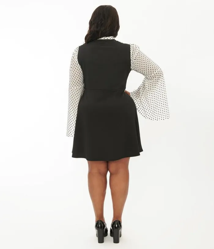 Smak Parlour Plus Size Black and White Polka Dot Bell Sleeve Flare Dress DressesPlus Unique Vintage Fit and Flare