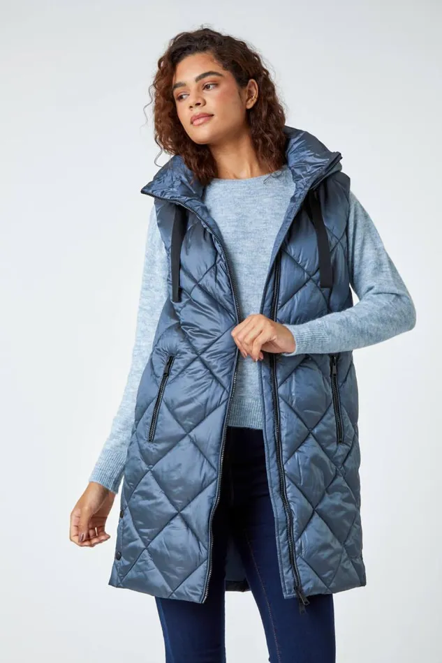 Steel Blue Diamond Quilted Padded Gilet Women Roman Coats