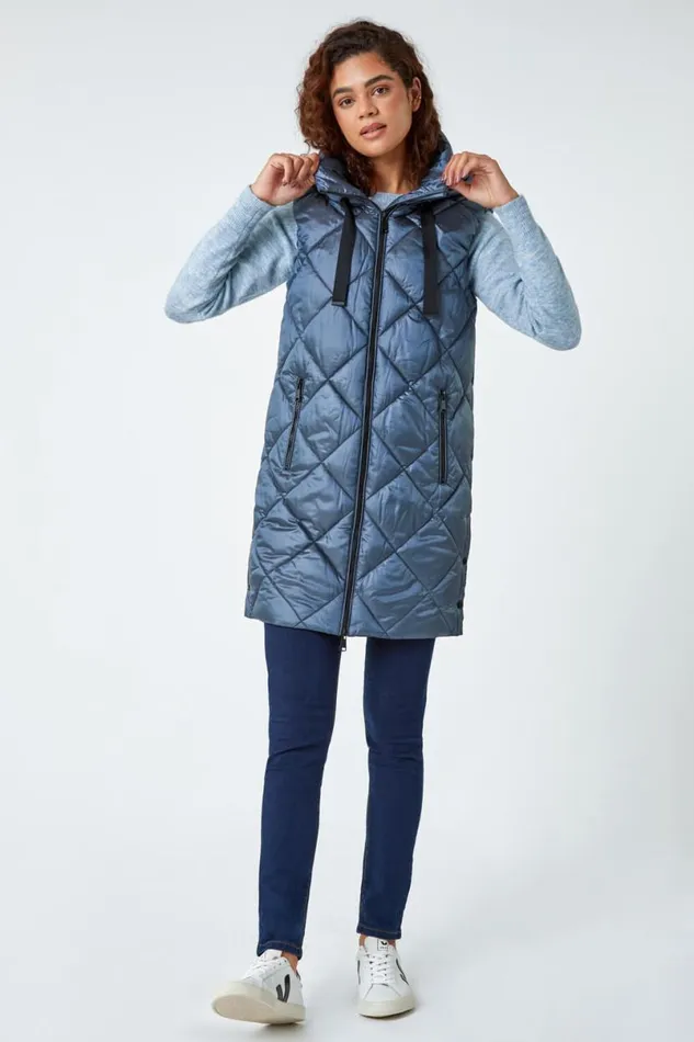 Steel Blue Diamond Quilted Padded Gilet Women Roman Coats