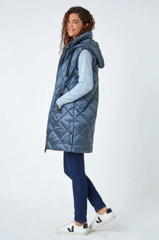 Steel Blue Diamond Quilted Padded Gilet Women Roman Coats