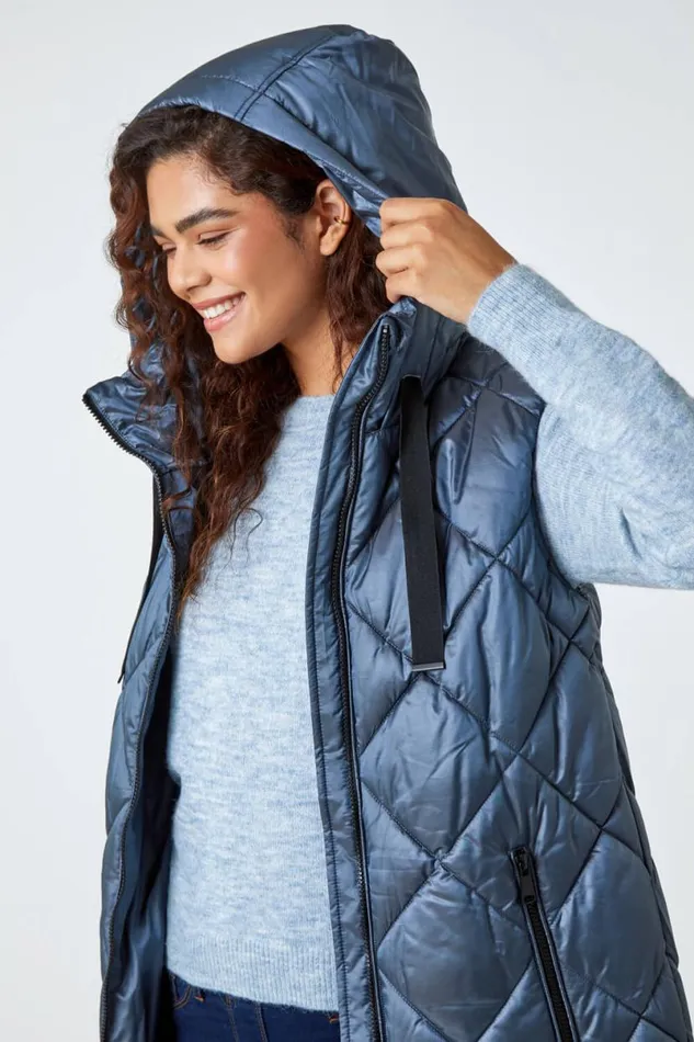 Steel Blue Diamond Quilted Padded Gilet Women Roman Coats