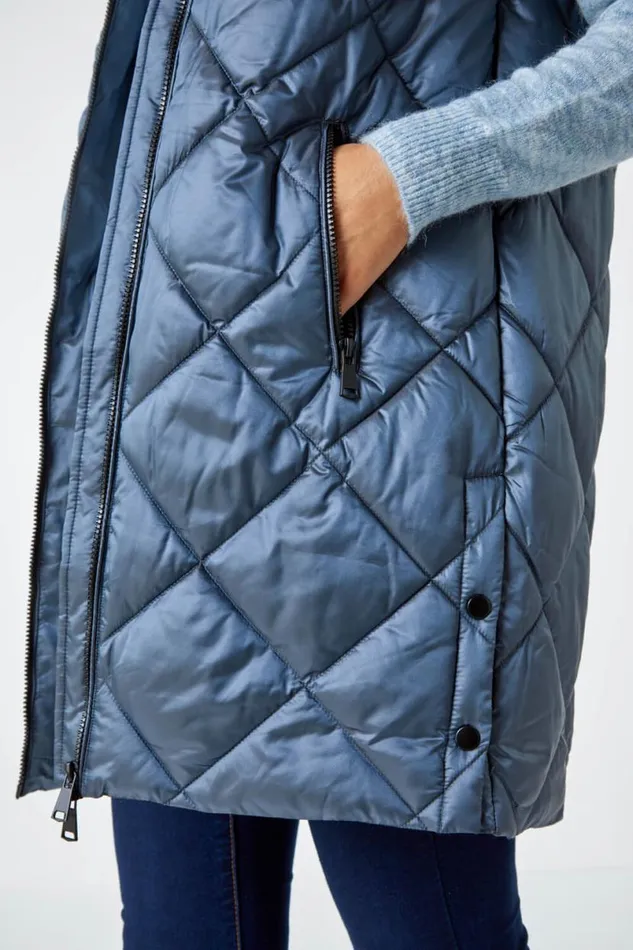 Steel Blue Diamond Quilted Padded Gilet Women Roman Coats