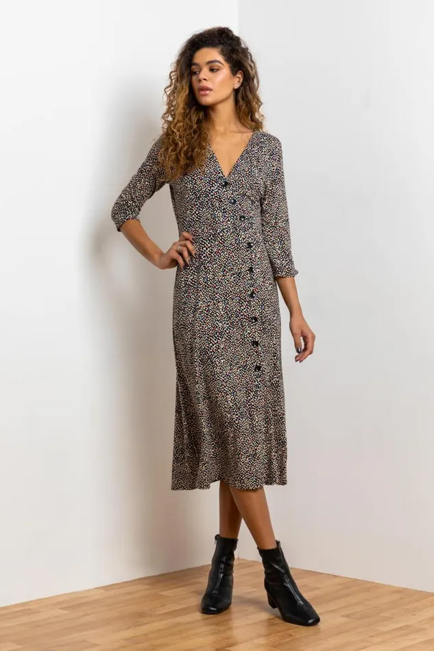 Stone Ditsy Spot Print Button Dress Women Roman Dresses