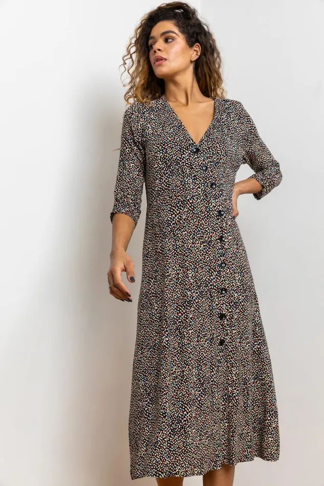 Stone Ditsy Spot Print Button Dress Women Roman Dresses