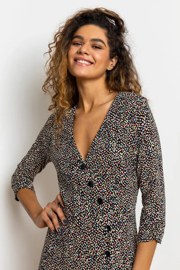 Stone Ditsy Spot Print Button Dress Women Roman Dresses