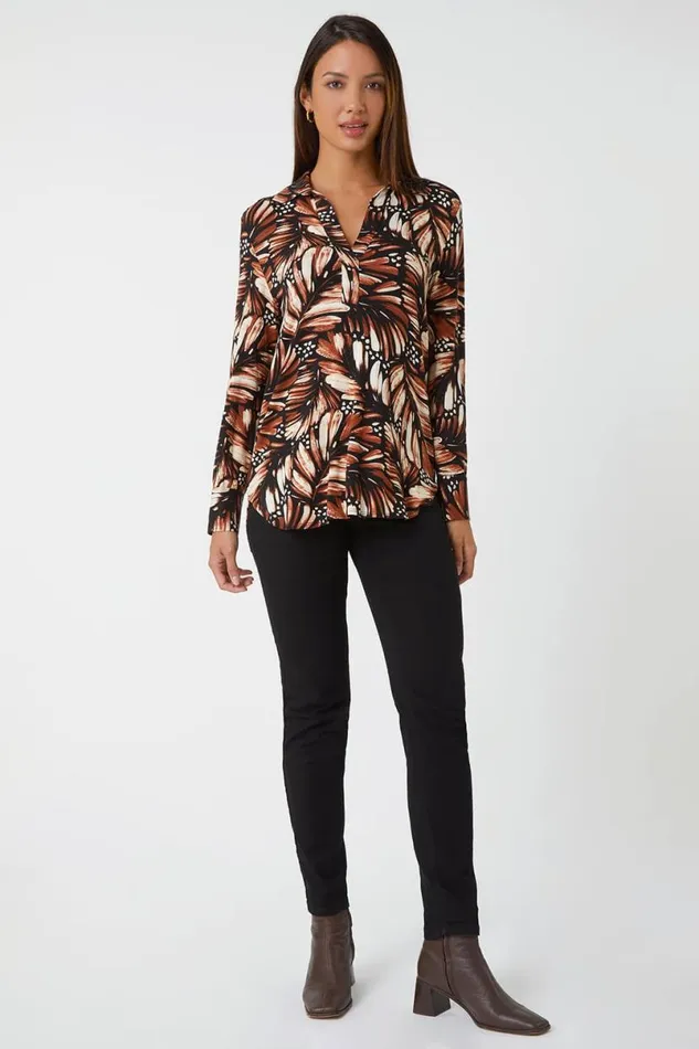 Stone Feather Print Stretch Shirt Women Roman Tops