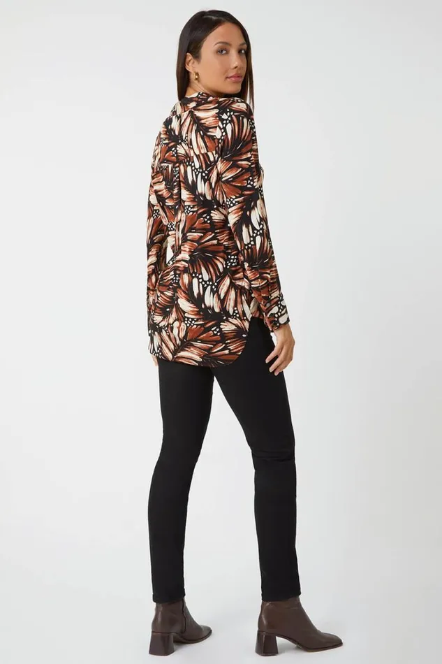 Stone Feather Print Stretch Shirt Women Roman Tops