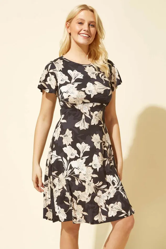 Stone Lily Print Jersey Dress Women Roman Dresses