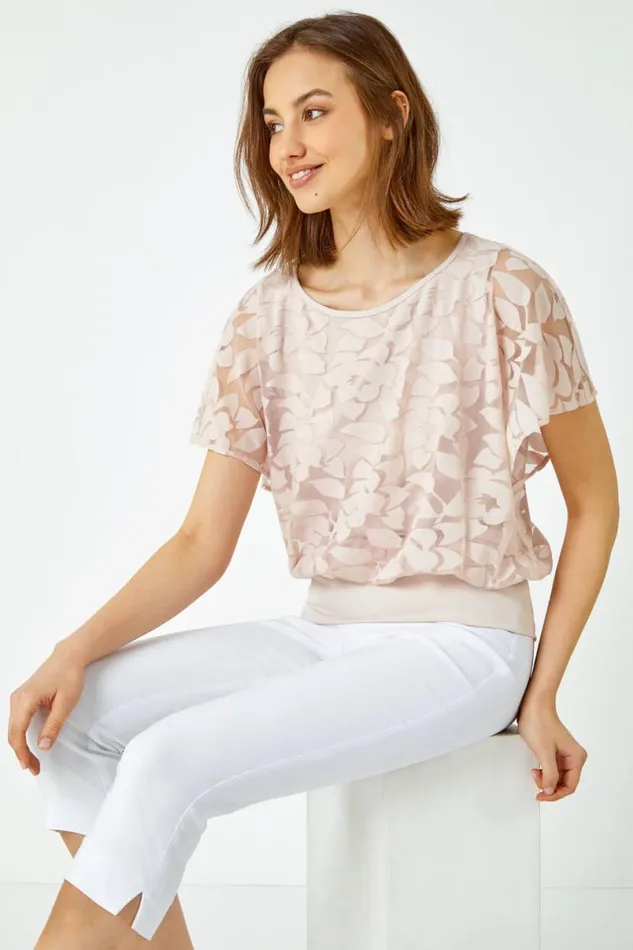 Stone Textured Floral Blouson Stretch Top Women Roman Tops