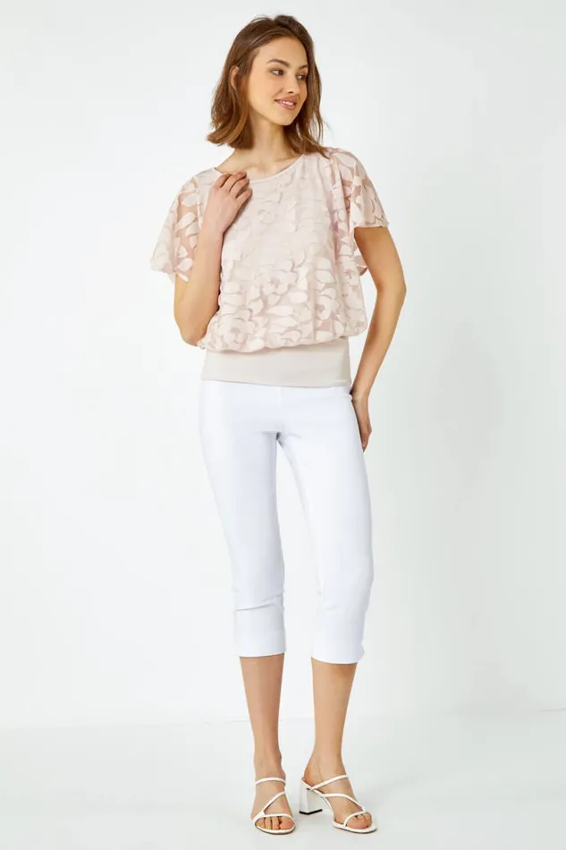 Stone Textured Floral Blouson Stretch Top Women Roman Tops