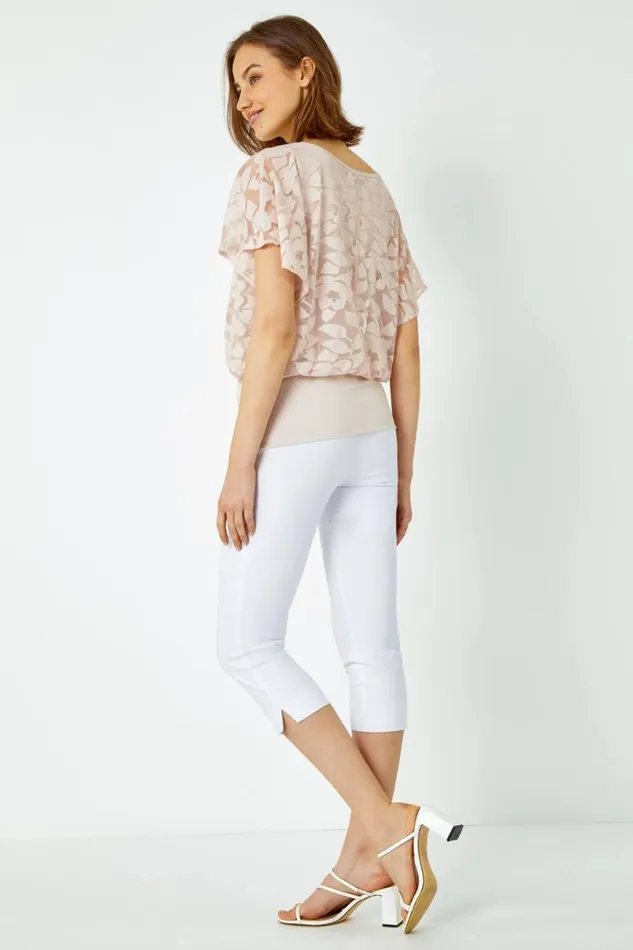 Stone Textured Floral Blouson Stretch Top Women Roman Tops