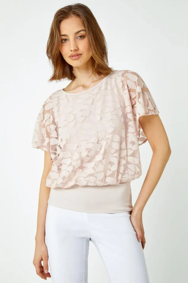 Stone Textured Floral Blouson Stretch Top Women Roman Tops