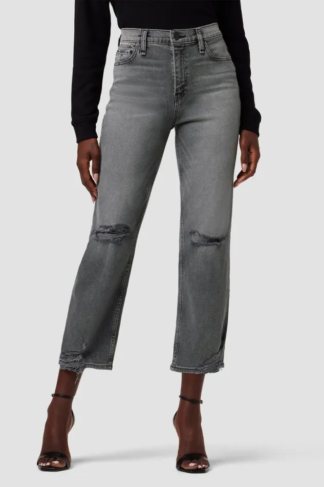 Straight Women Hudson Jeans Remi HighRise Straight Crop Jean Stone Grey Destructed