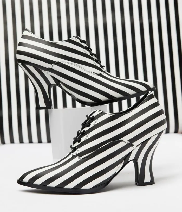 Strange Cult Black and White Stripe Victoria Heels HalloweenShoes Unique Vintage Heels