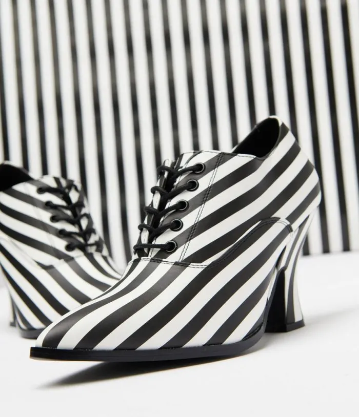 Strange Cult Black and White Stripe Victoria Heels HalloweenShoes Unique Vintage Heels