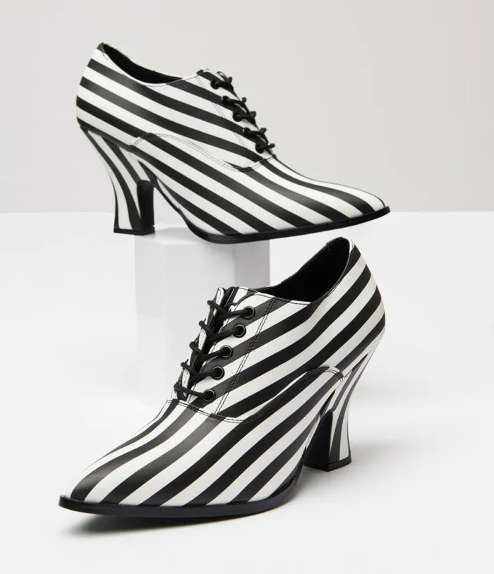 Strange Cult Black and White Stripe Victoria Heels HalloweenShoes Unique Vintage Heels