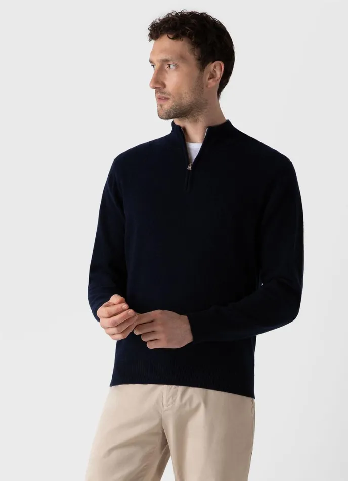 SUNSPEL Knitwear Cashmere Zip Neck Jumper Navy 8211 Men