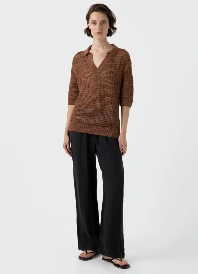 SUNSPEL Knitwear Linen Mesh Polo Shirt Brown 8211 Women