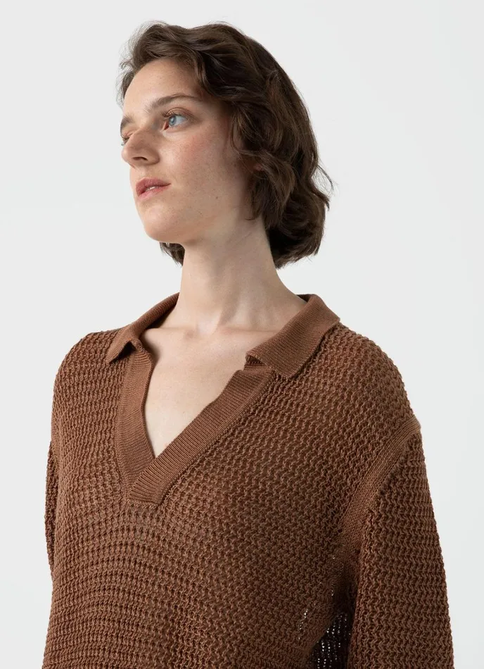 SUNSPEL Knitwear Linen Mesh Polo Shirt Brown 8211 Women