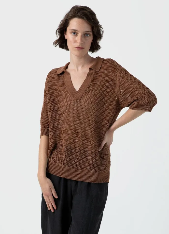 SUNSPEL Knitwear Linen Mesh Polo Shirt Brown 8211 Women