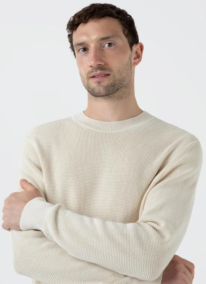 SUNSPEL Knitwear Waffle Stitch Crew Neck Jumper Ecru 8211 Men