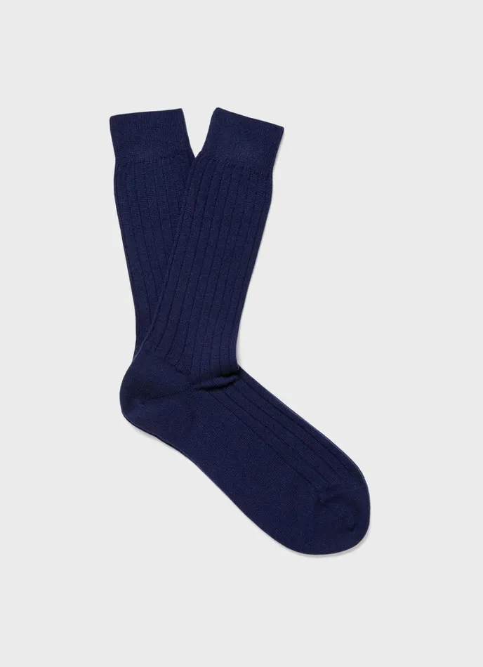 SUNSPEL Socks Cashmere Ribbed Socks Navy 8211 Men