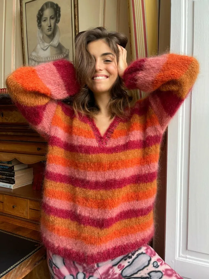 Sweaters Women Rose Carmine SWEATER VNECK STRIPES BORDEAUX