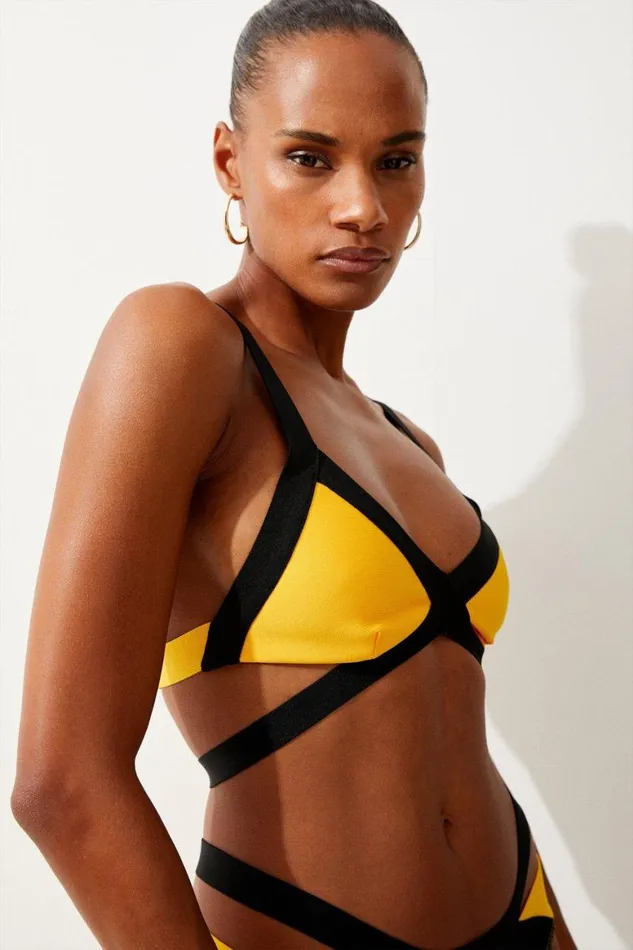 Swimwear Women Karen Millen Bandage Colour Block Strappy Bikini Top Yellow