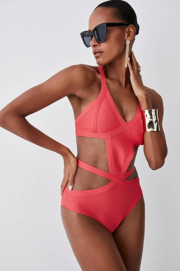 Swimwear Women Karen Millen Bandage Strappy Cross Front Swimsuit Coral
