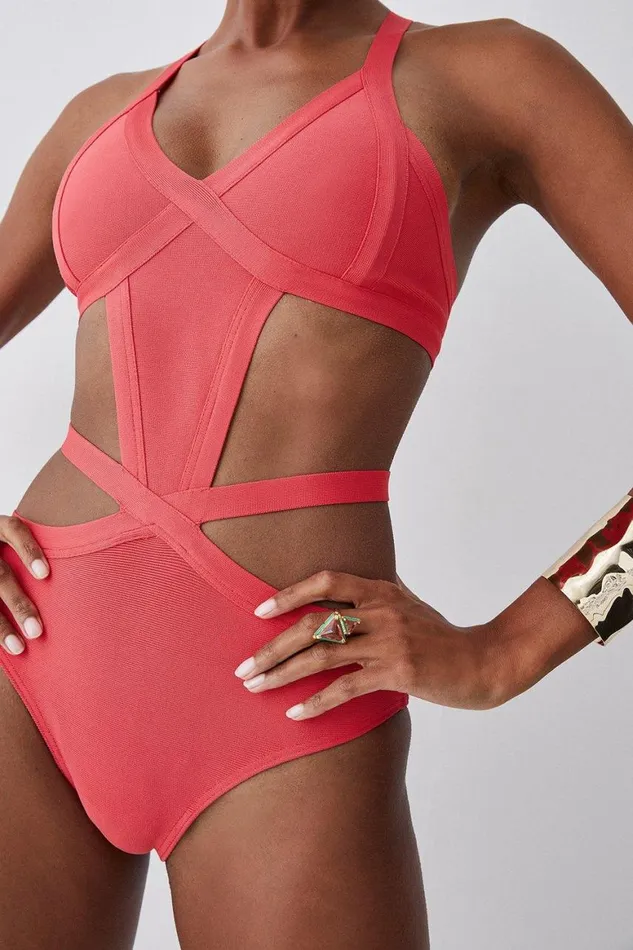 Swimwear Women Karen Millen Bandage Strappy Cross Front Swimsuit Coral