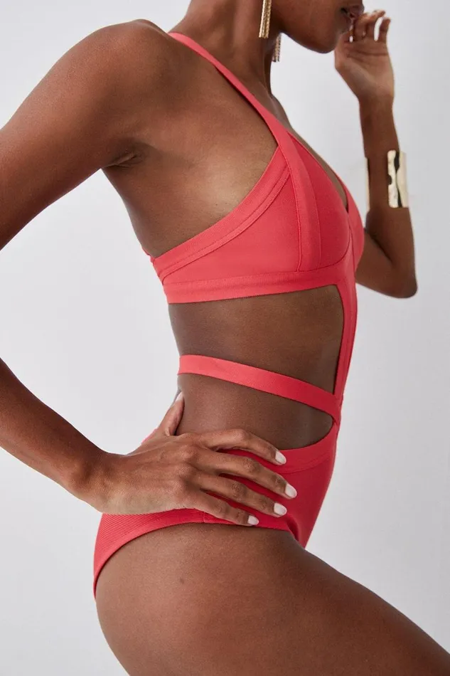 Swimwear Women Karen Millen Bandage Strappy Cross Front Swimsuit Coral