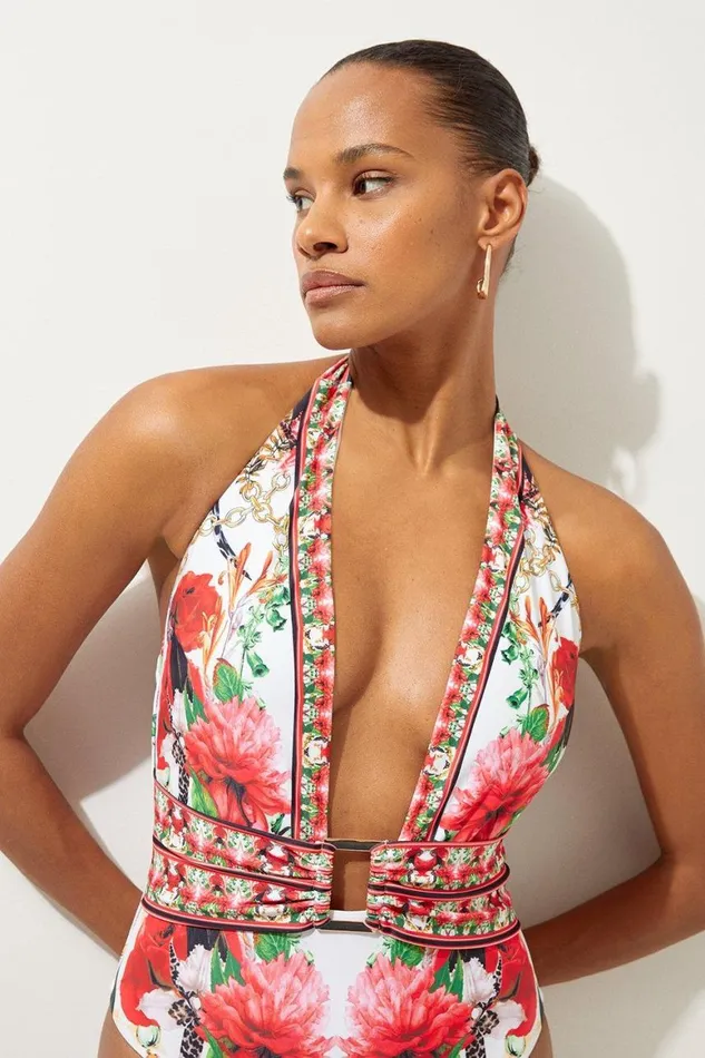 Swimwear Women Karen Millen Mirror Floral Print Plunge Swimsuit Multi