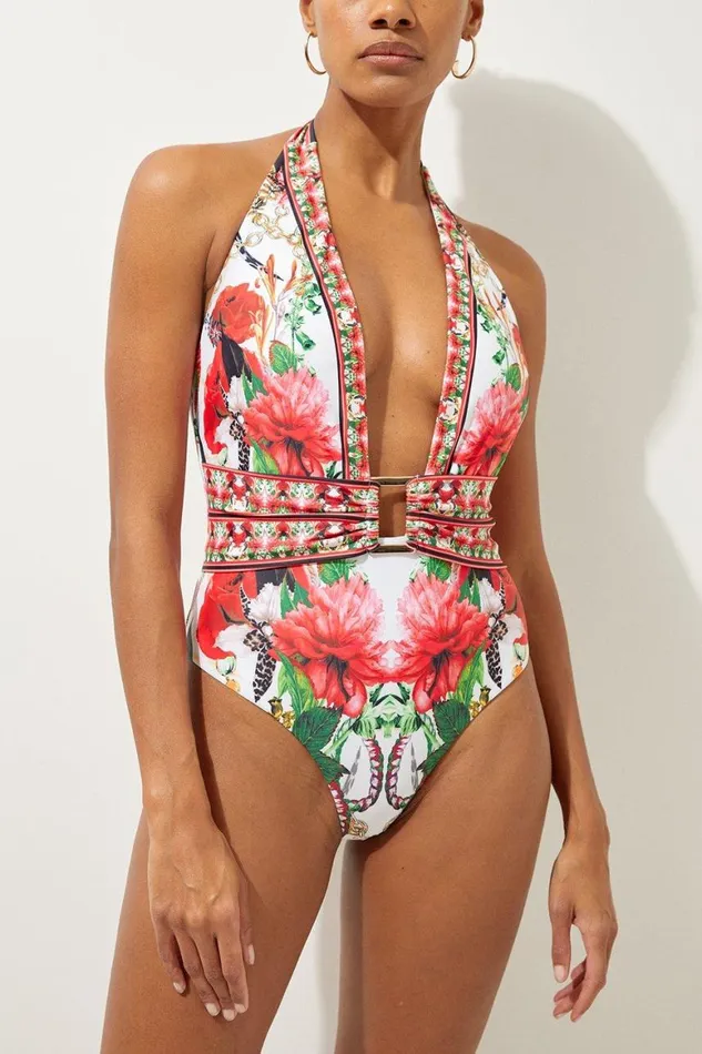 Swimwear Women Karen Millen Mirror Floral Print Plunge Swimsuit Multi