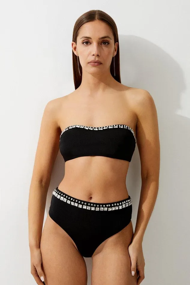 Swimwear Women Karen Millen Premium Embellished High Waist Bikini Bottoms Black