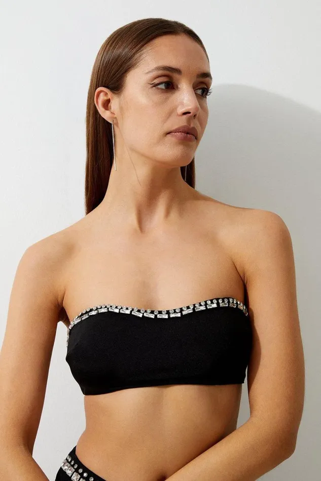 Swimwear Women Karen Millen Premium Embellished High Waist Bikini Bottoms Black
