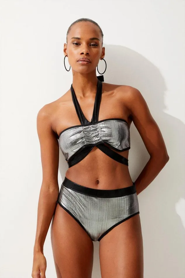 Swimwear Women Karen Millen Silver Foiled Bikini Bottoms Metallic Silver