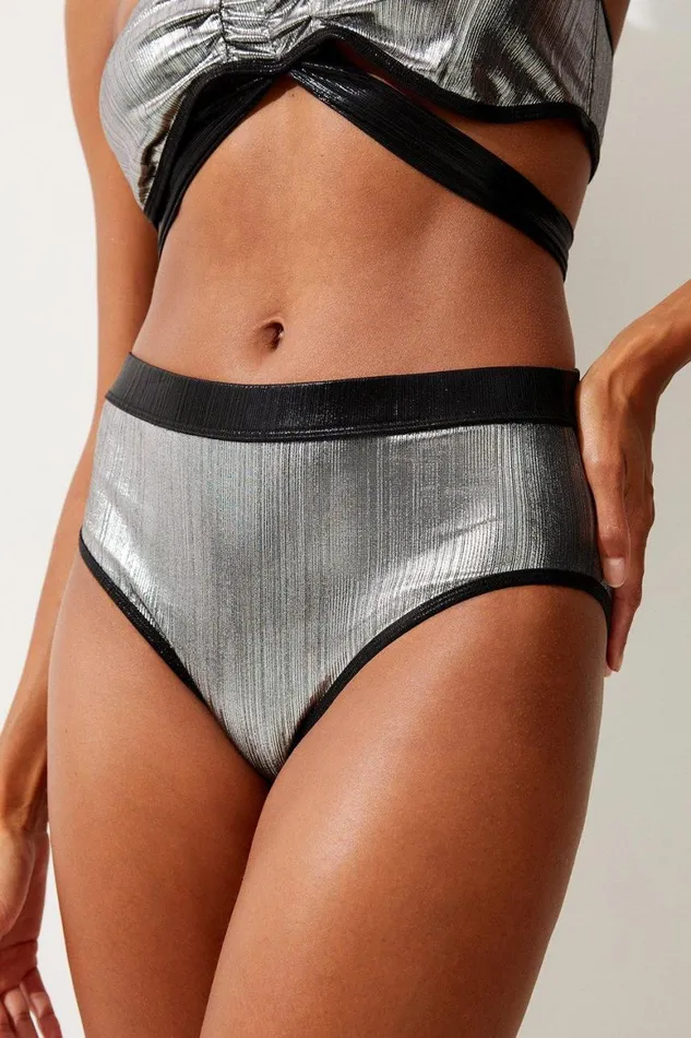 Swimwear Women Karen Millen Silver Foiled Bikini Bottoms Metallic Silver