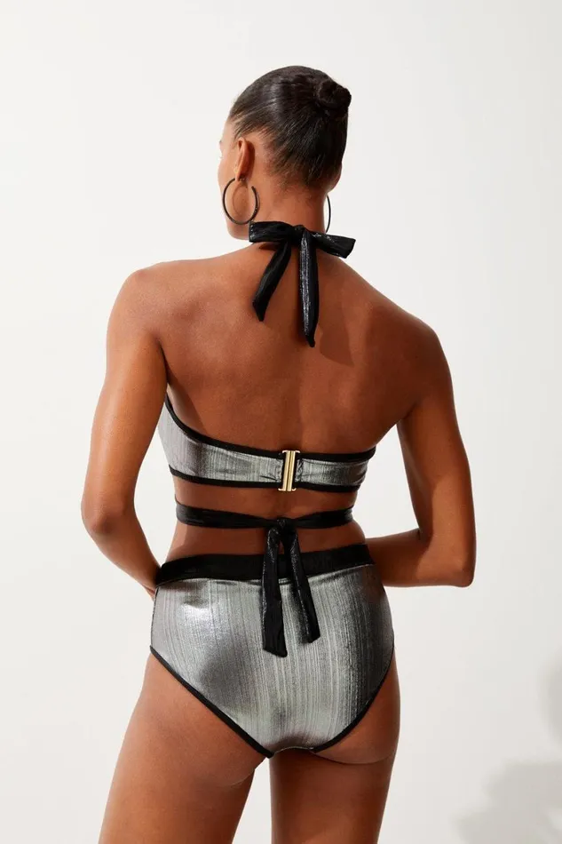 Swimwear Women Karen Millen Silver Foiled Bikini Bottoms Metallic Silver