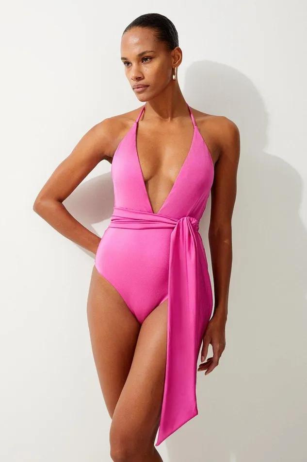 Swimwear Women Karen Millen Slinky Plunge Tie Detail Swimsuit Pink