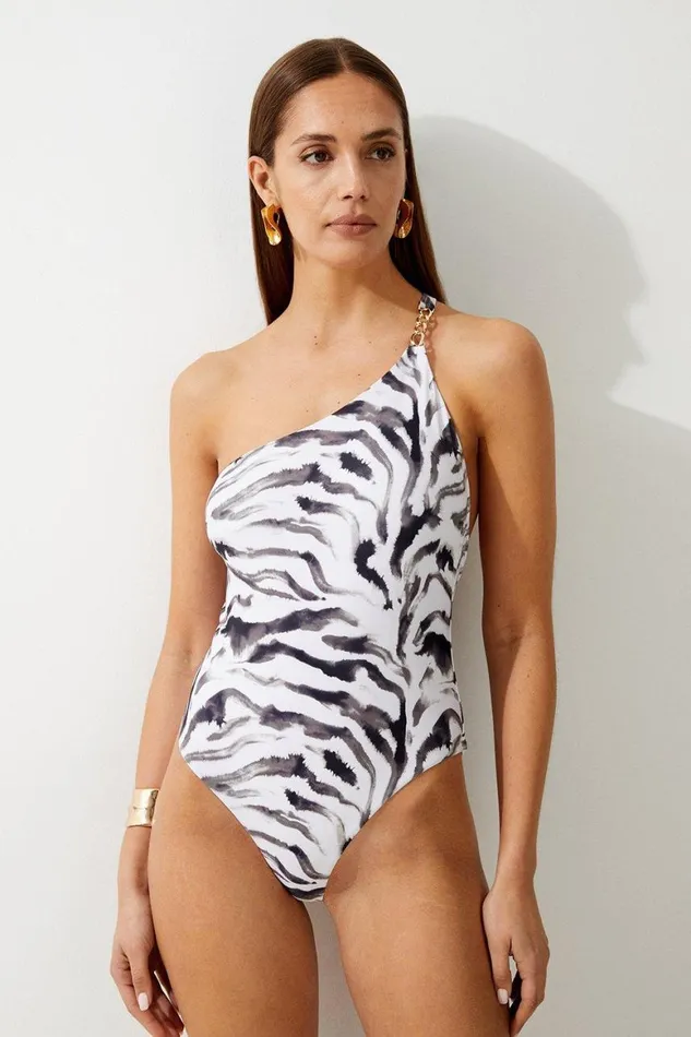 Swimwear Women Karen Millen Tiger Print One Shoulder Cut Out Swimsuit Multi