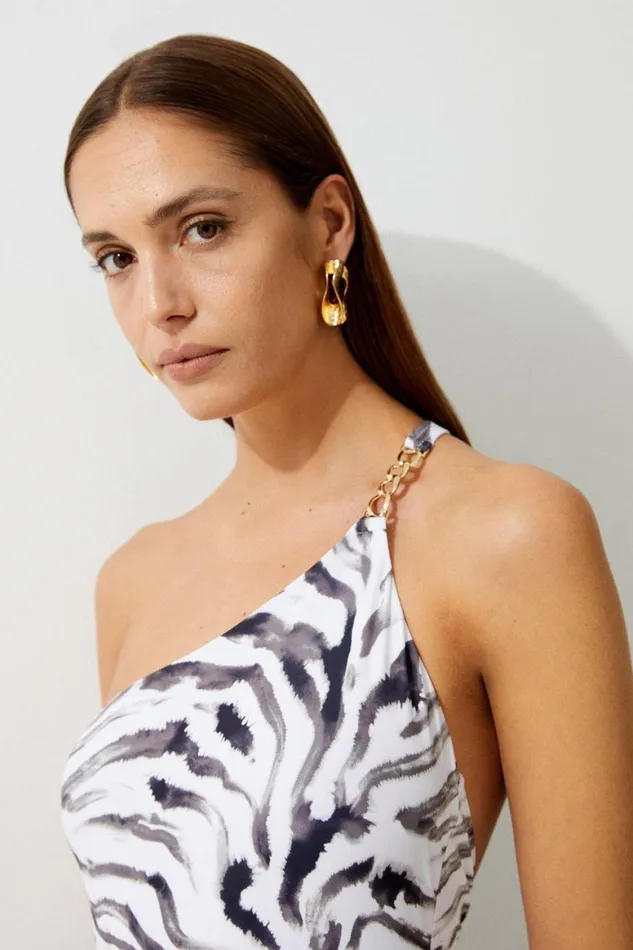 Swimwear Women Karen Millen Tiger Print One Shoulder Cut Out Swimsuit Multi