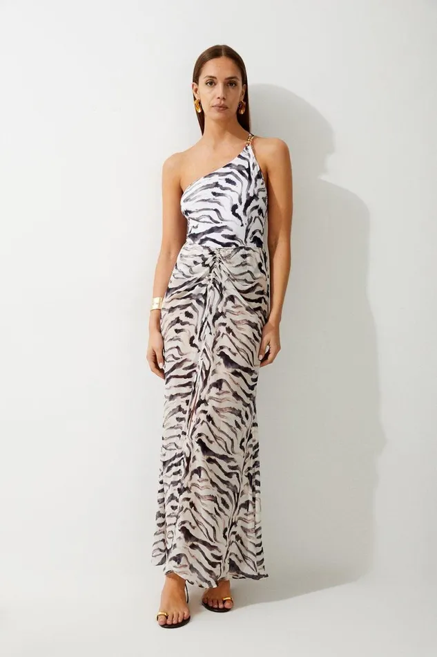 Swimwear Women Karen Millen Tiger Print One Shoulder Cut Out Swimsuit Multi