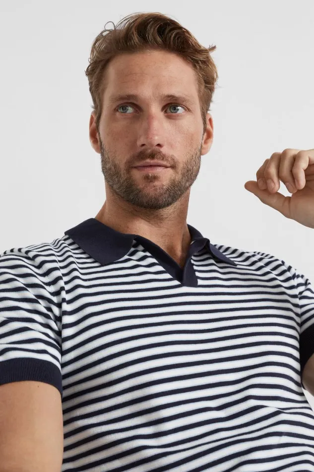 TShirts and Sweaters Man Seed Heritage Stripe Knitted Trophy Polo Midnight Blue Stripe