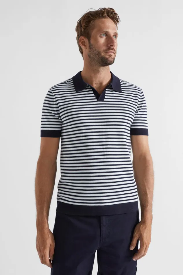 TShirts and Sweaters Man Seed Heritage Stripe Knitted Trophy Polo Midnight Blue Stripe