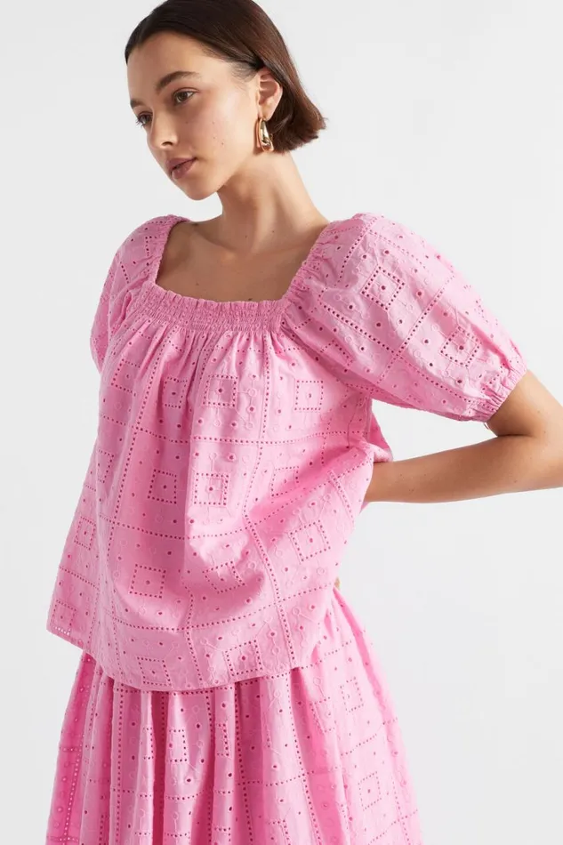 TShirts and Tops Woman Seed Heritage Broderie Square Neck Top Pink Gin