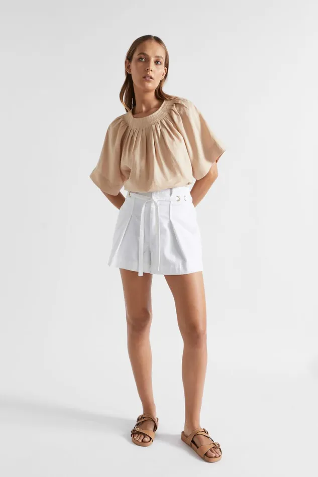 TShirts and Tops Woman Seed Heritage Linen Pleat Detail Blouse Soft Wheat