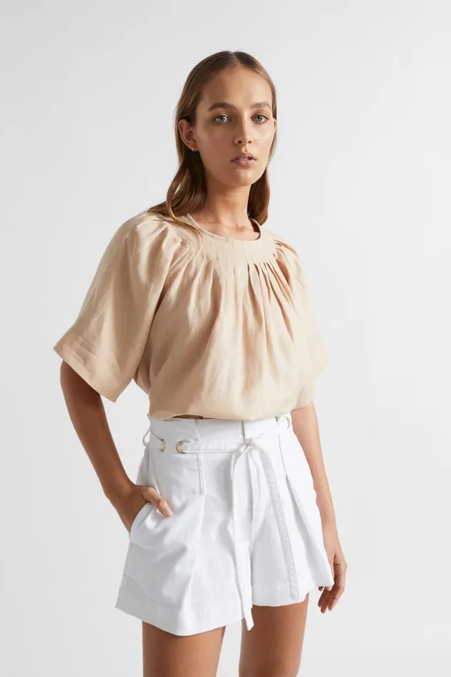 TShirts and Tops Woman Seed Heritage Linen Pleat Detail Blouse Soft Wheat
