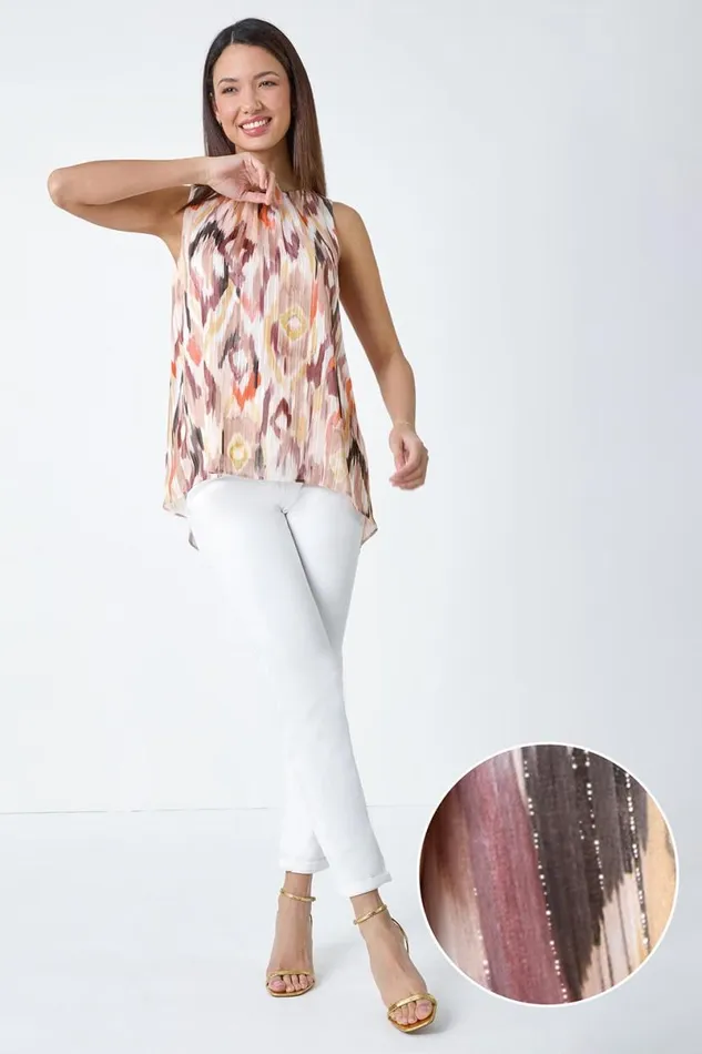 Tan Aztec Print Shimmer Vest Top Women Roman Tops